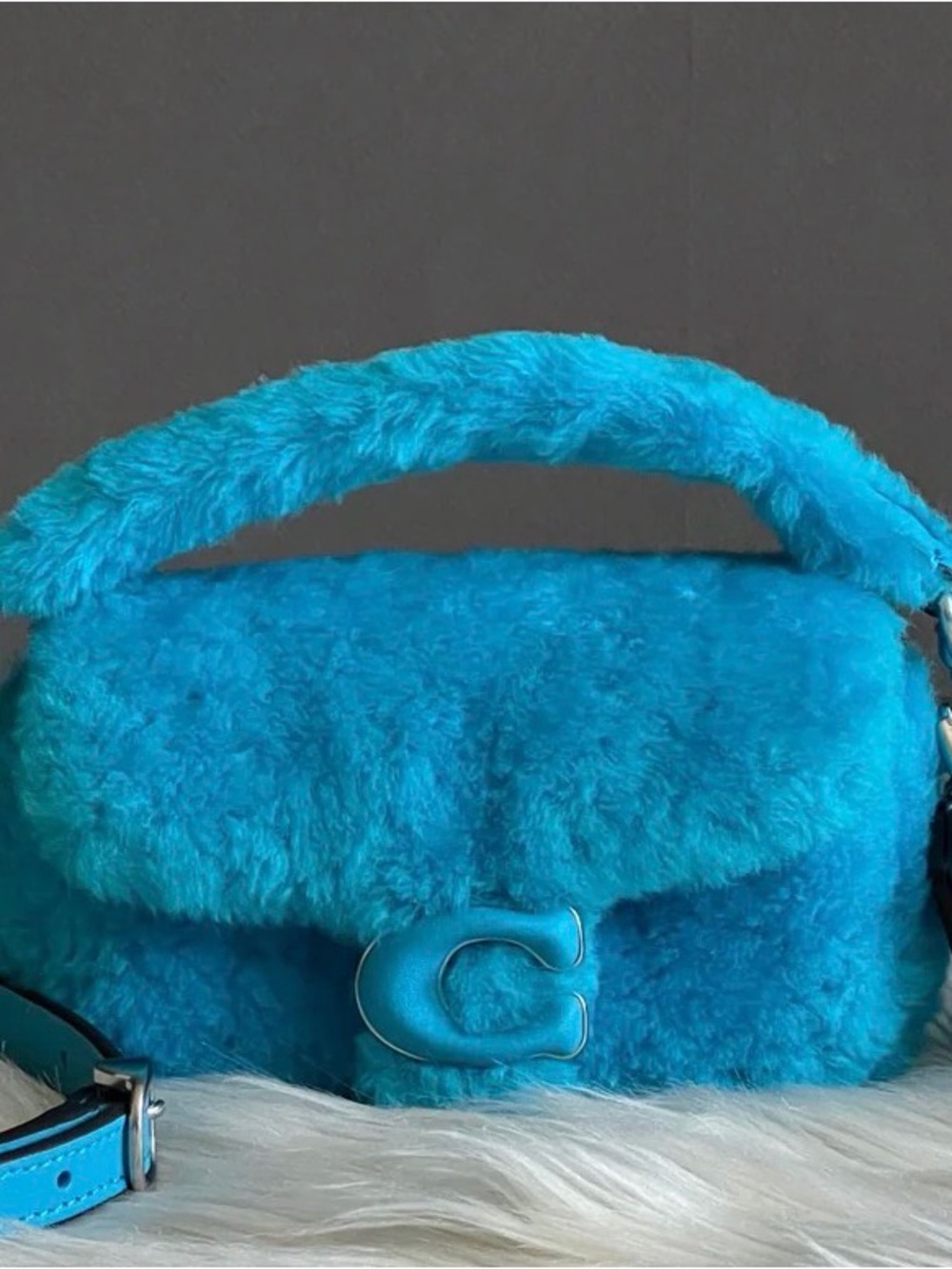 Blue Faux Fur Shoulder Bag with C Logo Accent